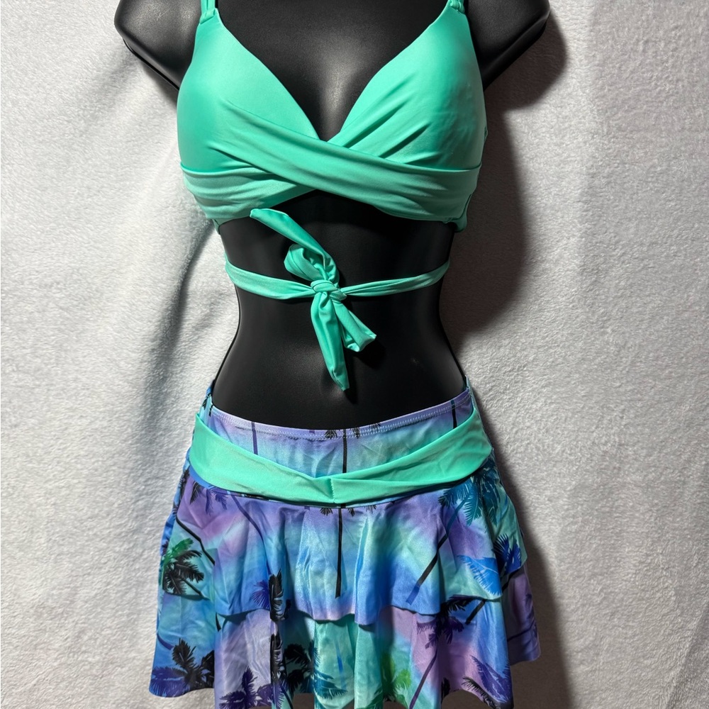 Mint Green Wrap Bikini Top with Tropical Print Swim Skirt - Women Swim